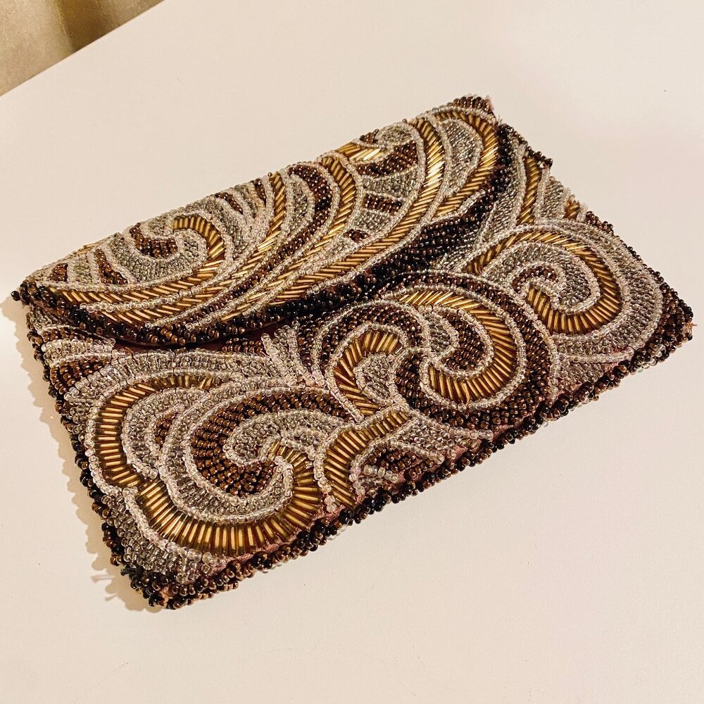 Vintage‎ Brown & Gold Beaded Swirl Art Deco Satin Clutch Purse - Loose Beading